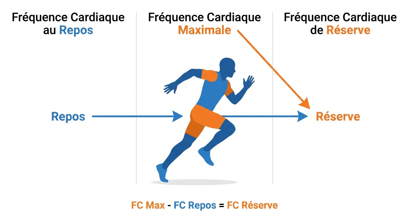 Infographie comparant FC repos, FC max et FC de réserve pour un coureur