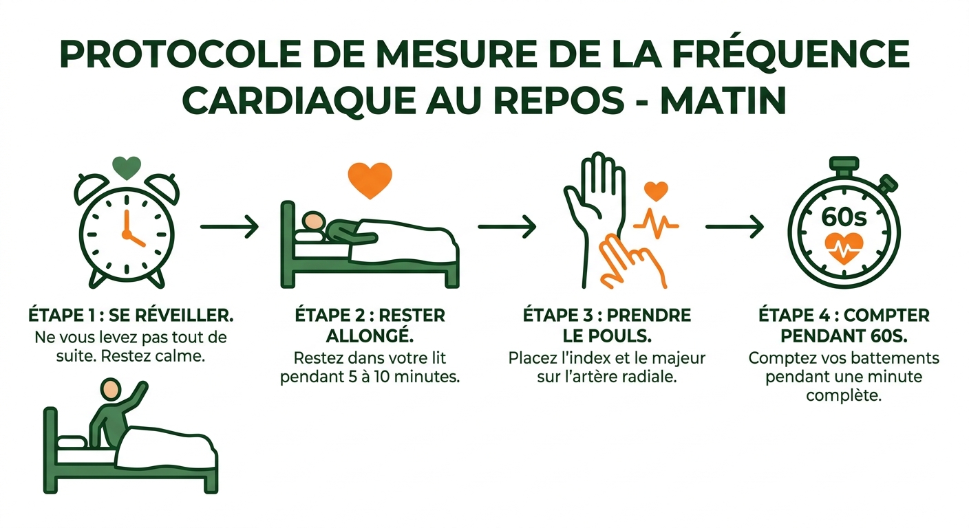 Infographie du protocole de mesure de la fréquence cardiaque au repos en 4 étapes
