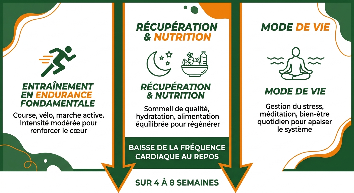 Infographie des 3 axes pour faire baisser durablement sa fréquence cardiaque au repos