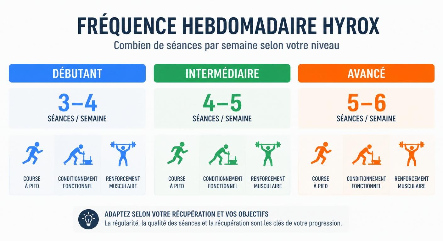 Infographie du nombre de séances Hyrox par semaine selon le niveau débutant, intermédiaire et confirmé