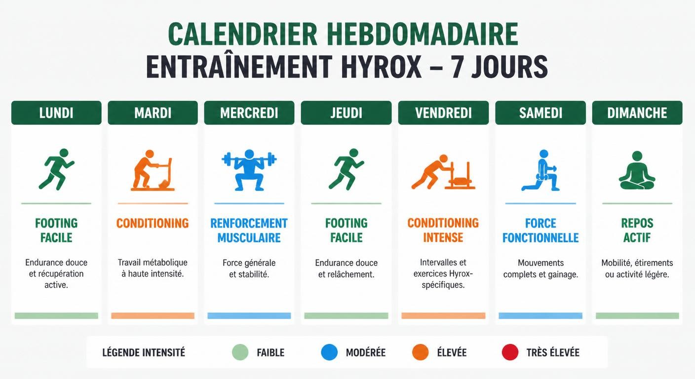 Infographie de la répartition d'une semaine type d'entraînement Hyrox sur sept jours