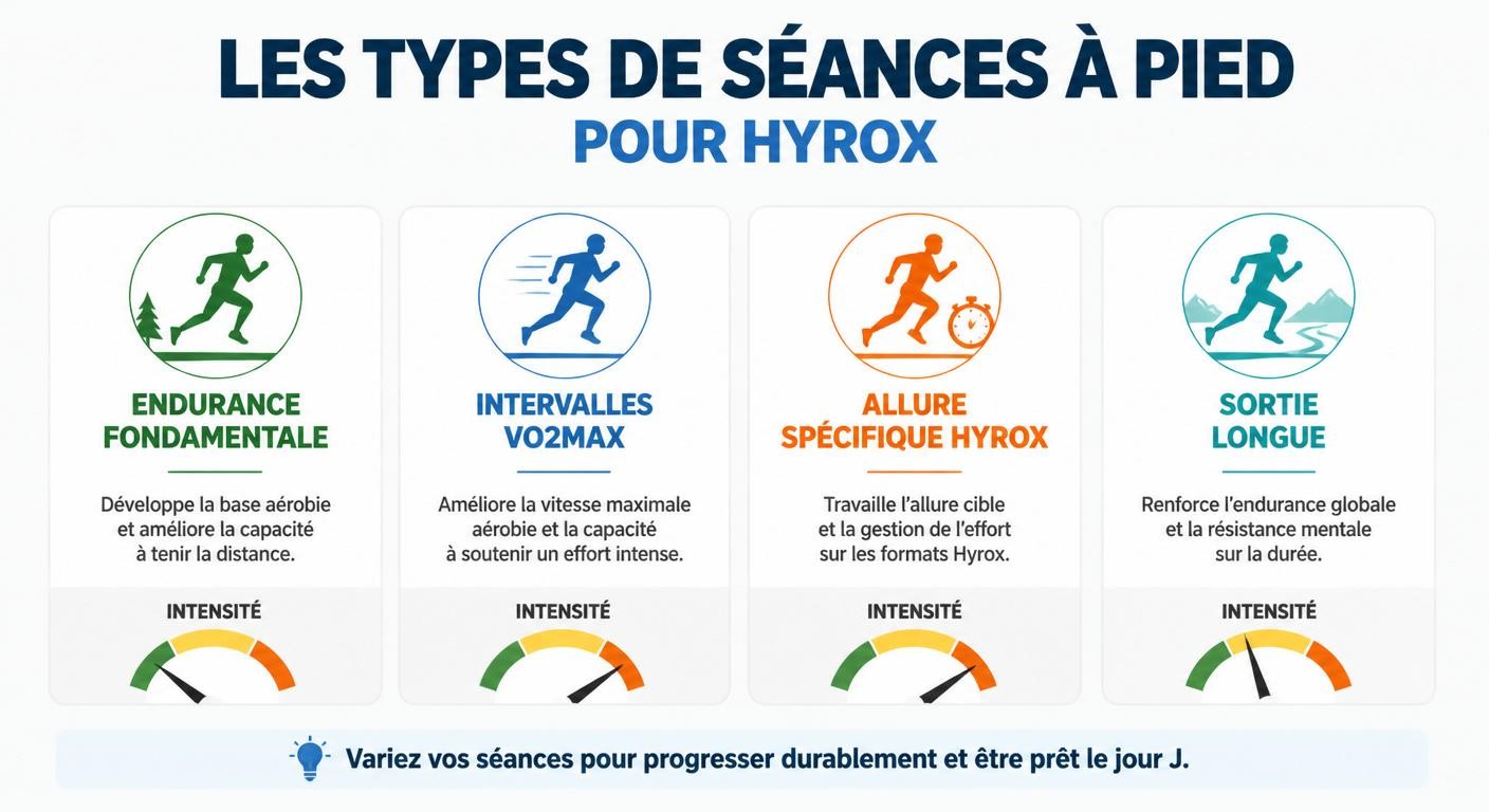 Infographie des types de séances de course à pied pour préparer un Hyrox
