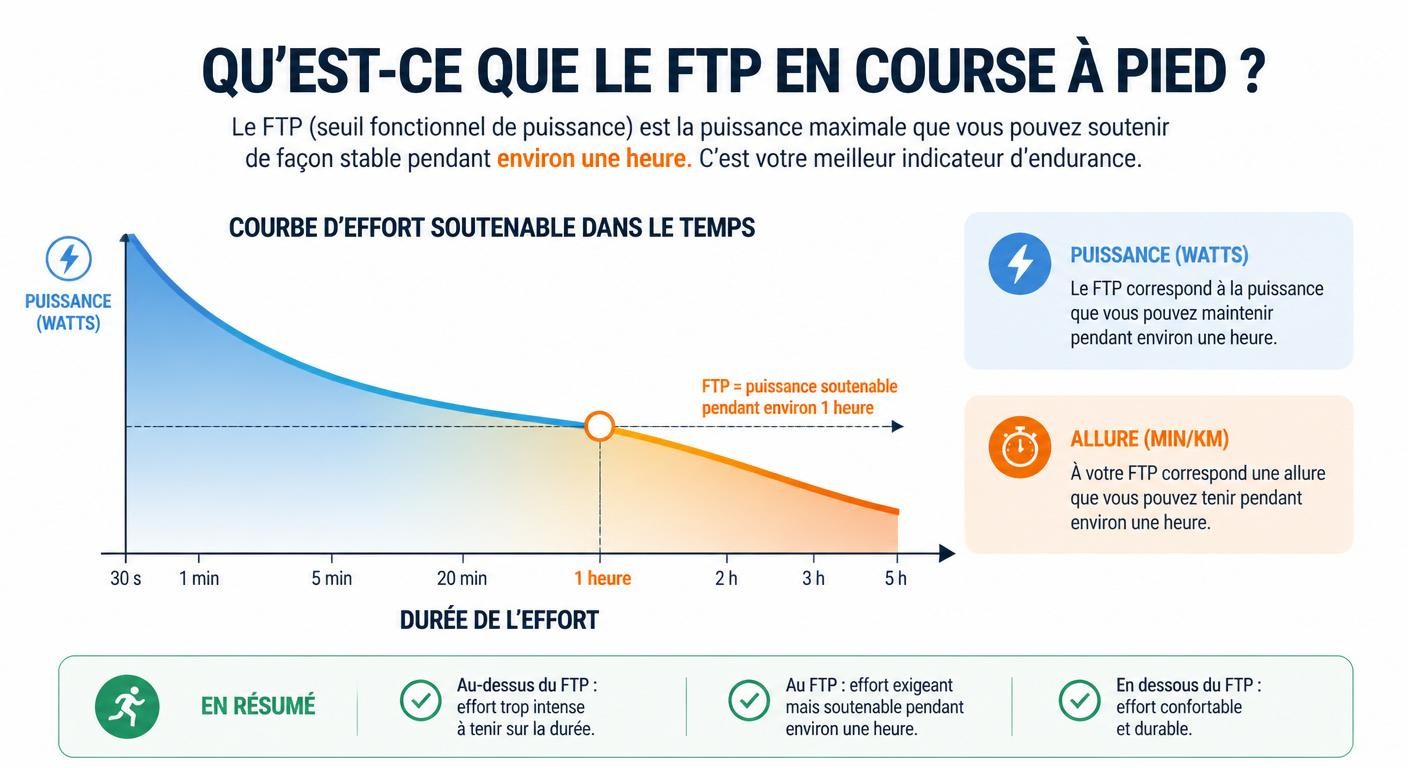 Infographie expliquant le FTP en course à pied : effort soutenable sur une heure, watts et allure
