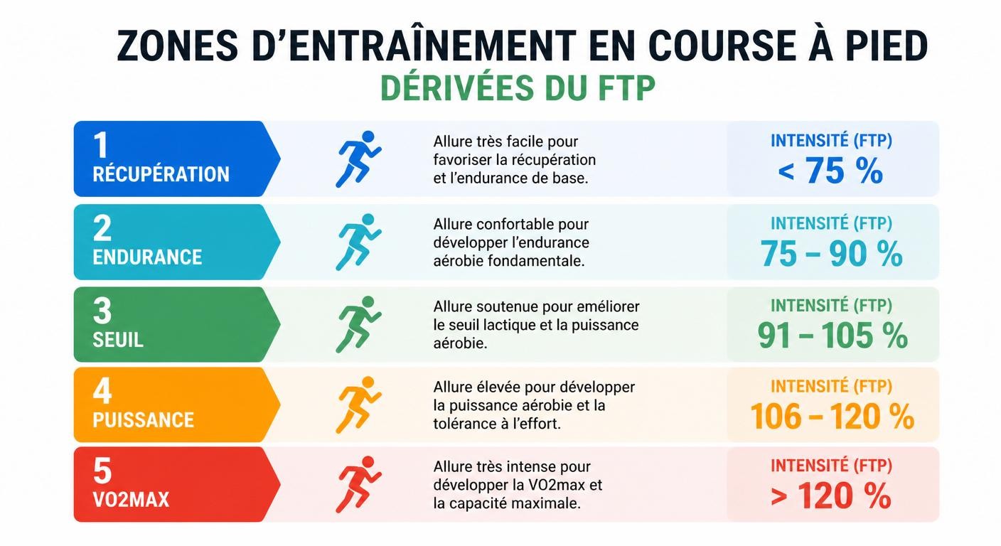 Infographie des zones de puissance et d'allure en course à pied calculées depuis le rFTP