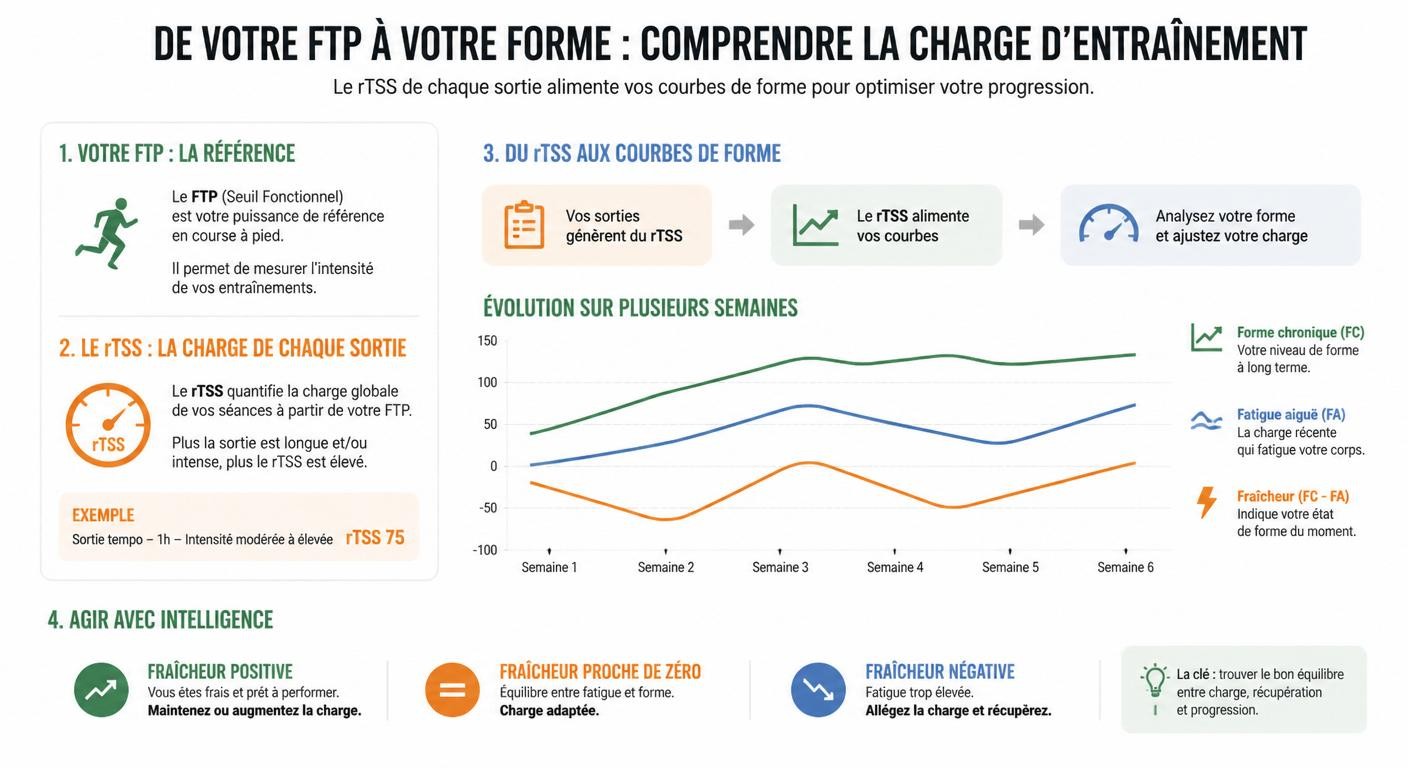 Infographie du pilotage de la charge d'entraînement à partir du rFTP : rTSS, CTL, ATL, TSB