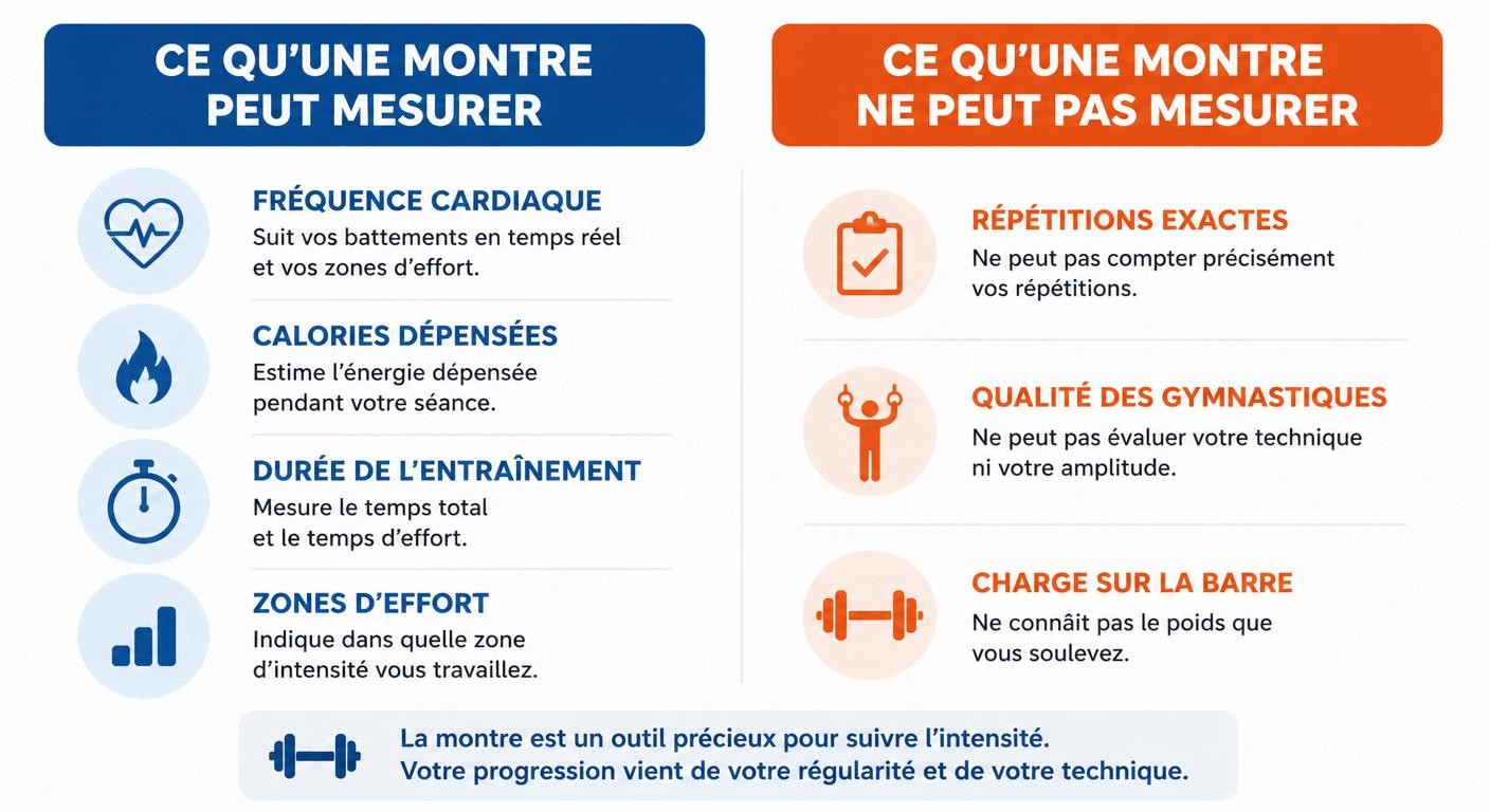 Infographie comparant ce qu'une montre Garmin mesure et ne mesure pas en CrossFit