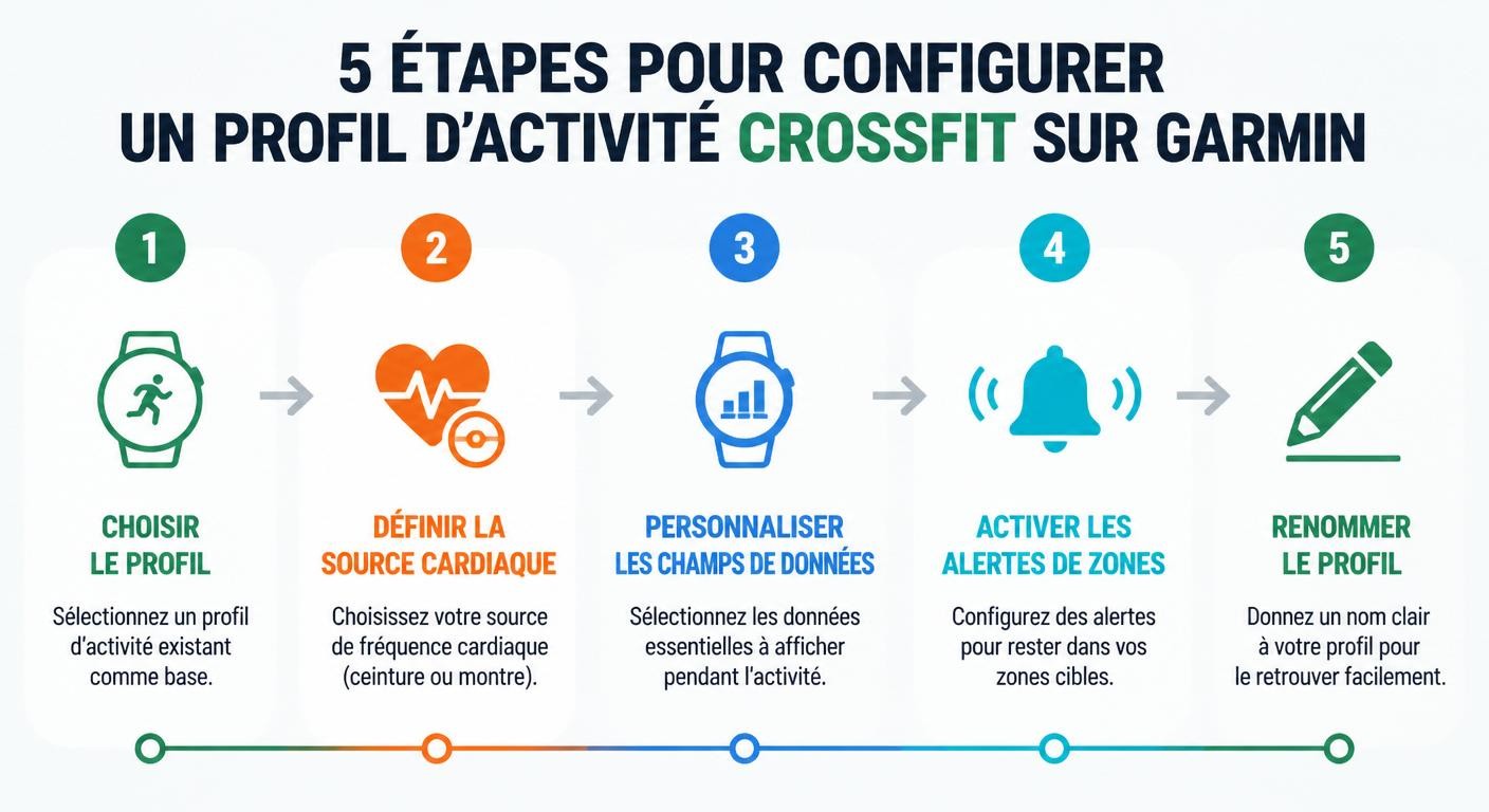 Infographie des cinq étapes pour configurer un profil Garmin dédié au CrossFit