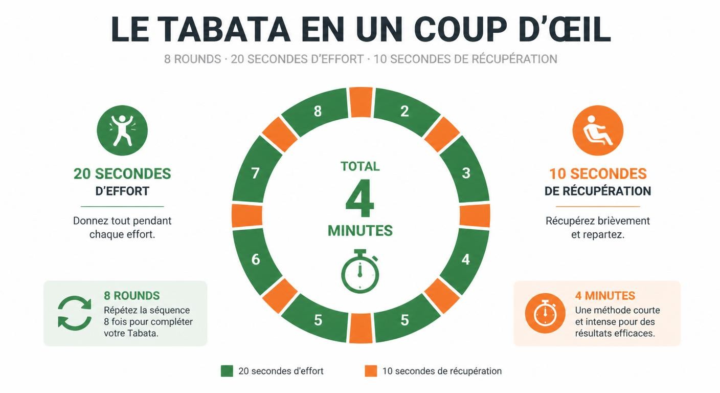 Infographie expliquant le minuteur Tabata 20 secondes d'effort 10 secondes de repos