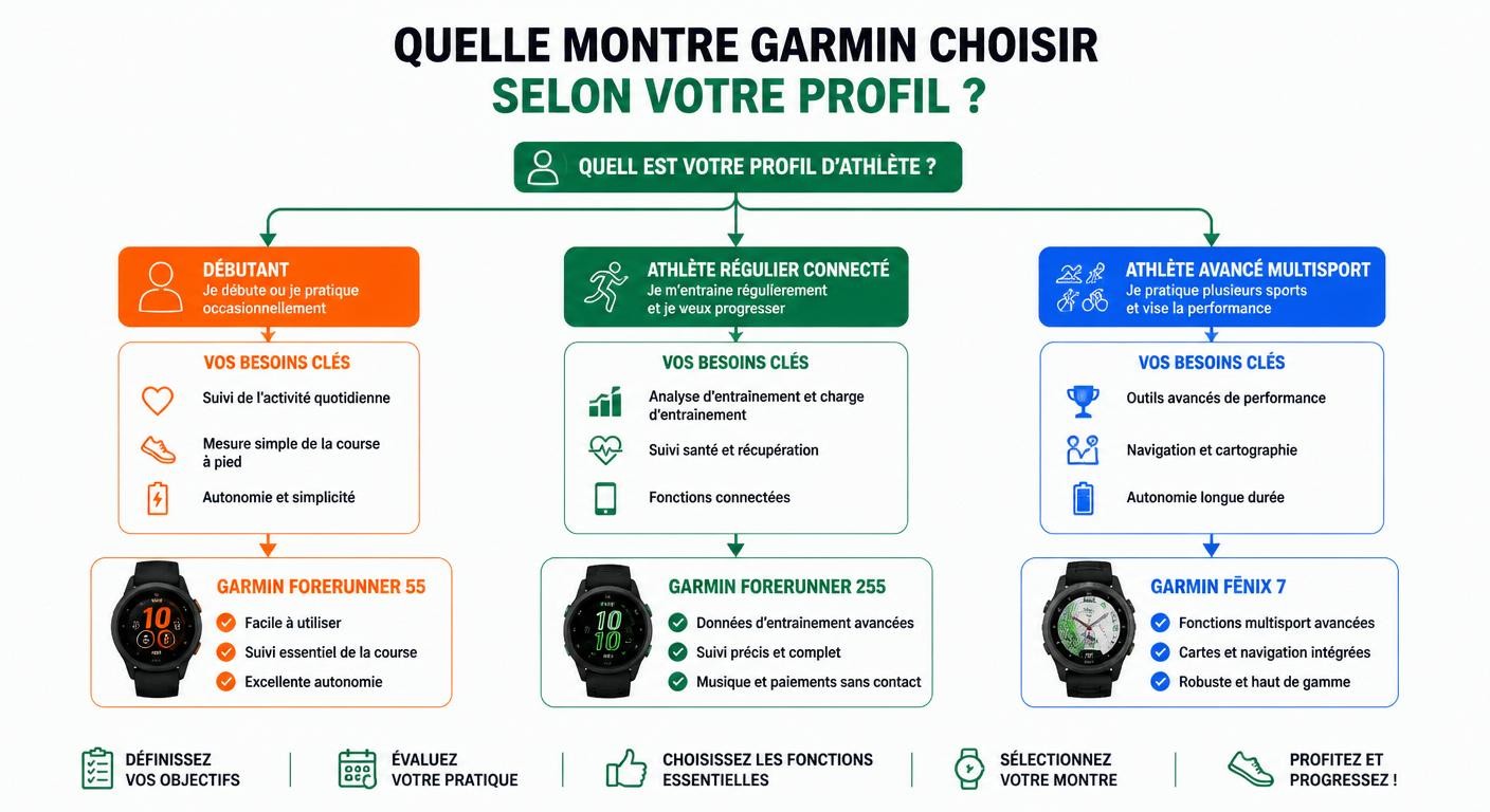 Infographie en arbre de décision pour choisir sa montre Garmin selon son profil de crossfiteur
