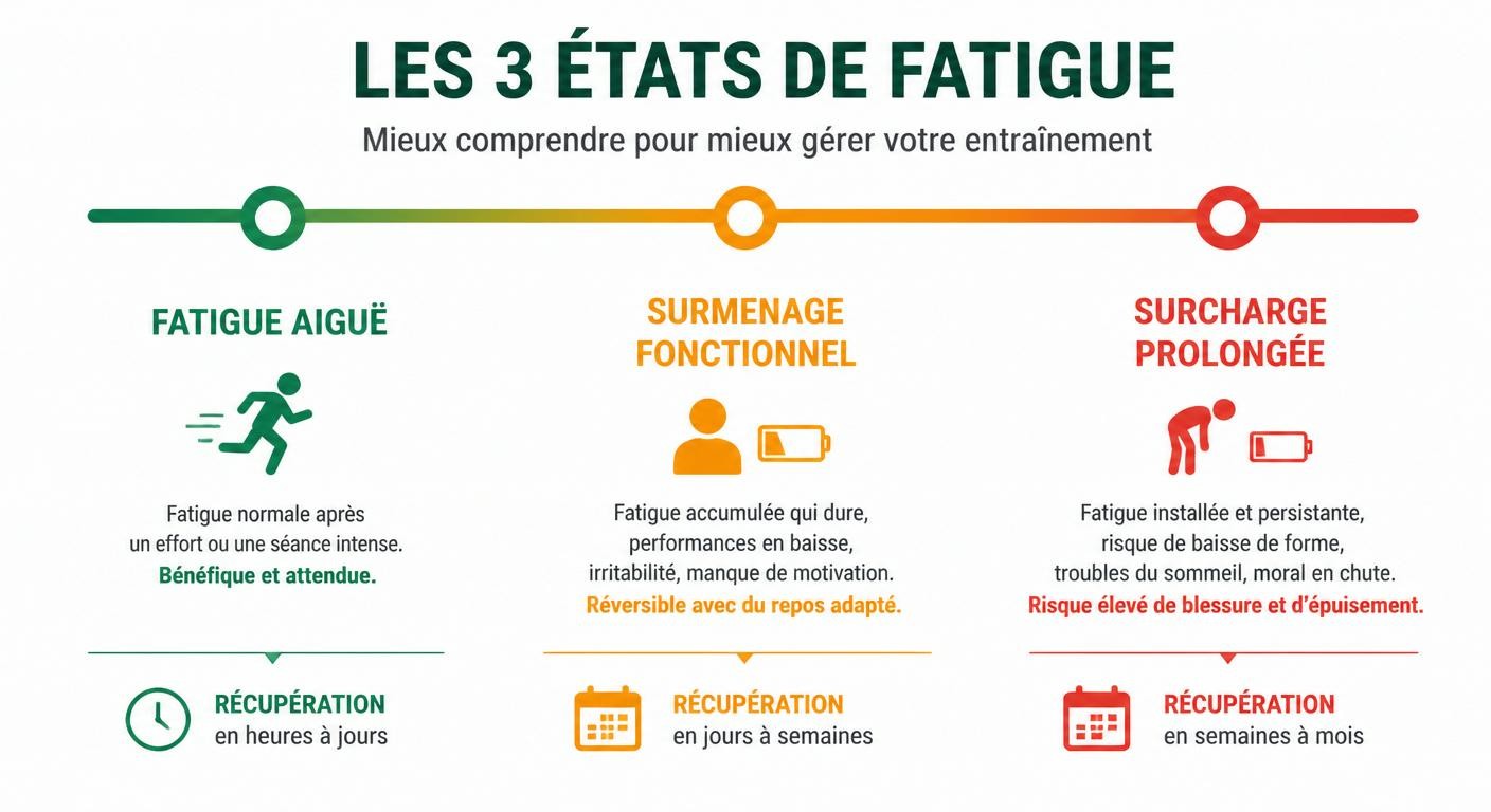 Infographie comparant fatigue aiguë, surmenage fonctionnel et surentraînement en préparation Hyrox