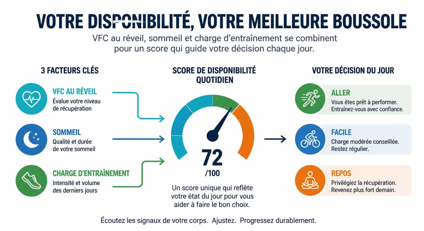 Infographie du pilotage de la fatigue par le HRV et un score de disponibilité quotidien