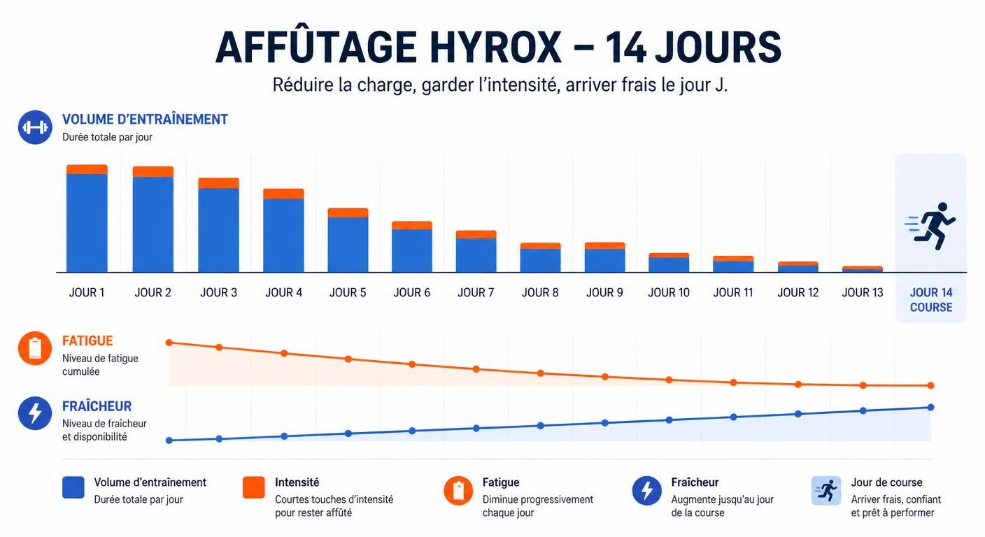 Infographie d'un protocole d'affûtage de 14 jours avant un Hyrox