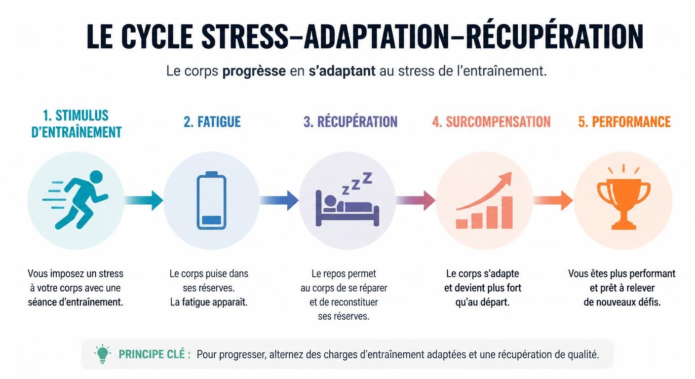 Infographie du cycle stress-adaptation-récupération en entraînement sportif