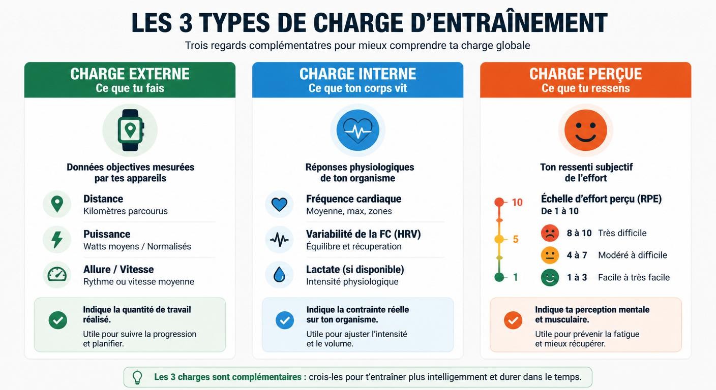 Infographie comparant charge externe, interne et perçue en entraînement