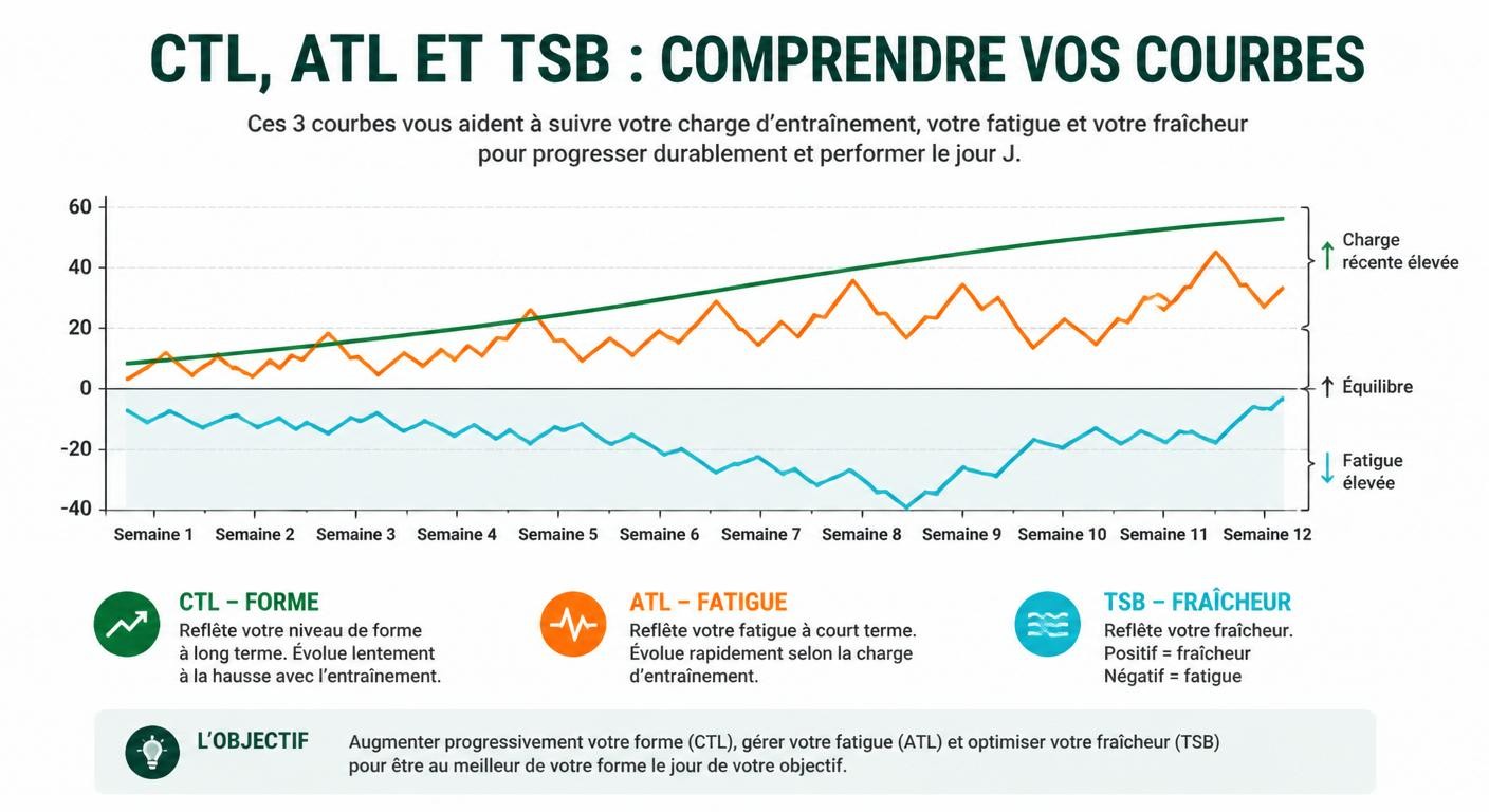 Infographie expliquant les courbes CTL, ATL et TSB sur 12 semaines