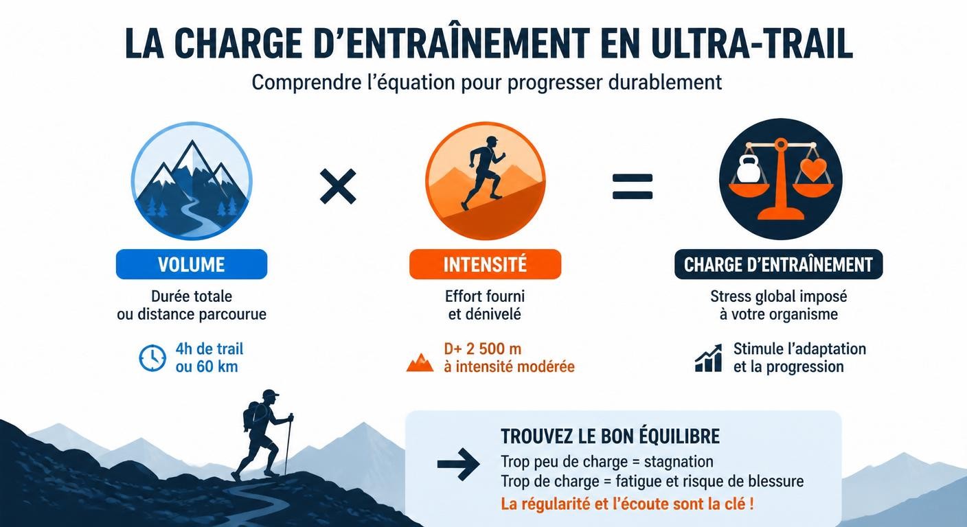 Infographie expliquant la charge d'entraînement en ultra-trail comme volume multiplié par intensité