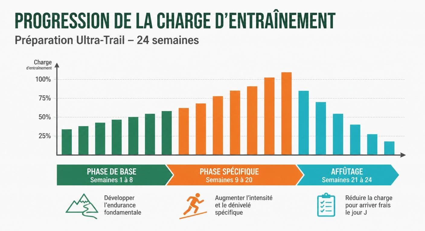Infographie de la progression de la charge hebdomadaire en préparation ultra-trail