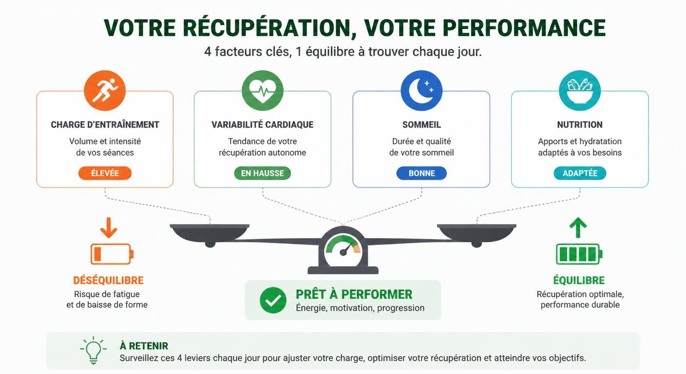 Infographie reliant charge, HRV, sommeil et nutrition à la récupération