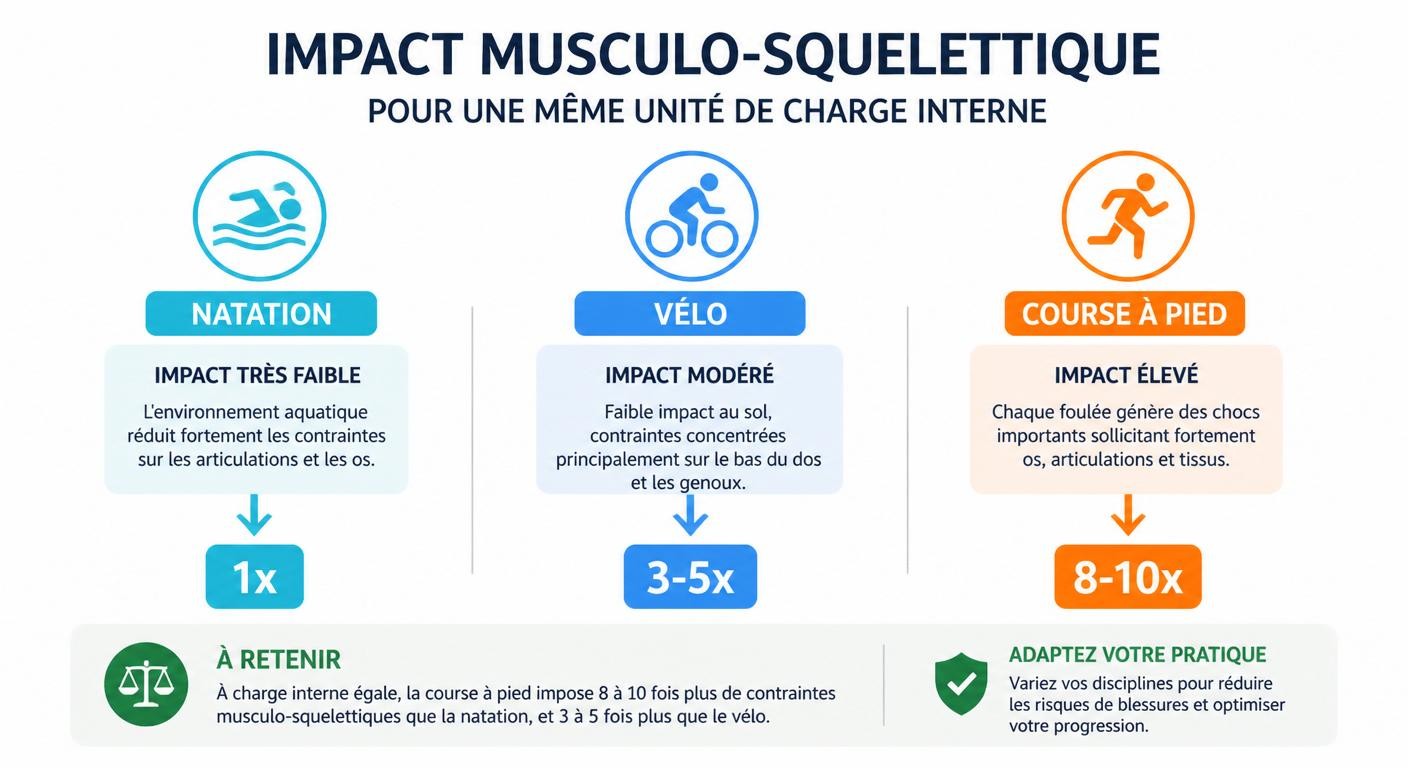 Infographie comparant l'impact de la natation, du vélo et de la course à charge égale en triathlon
