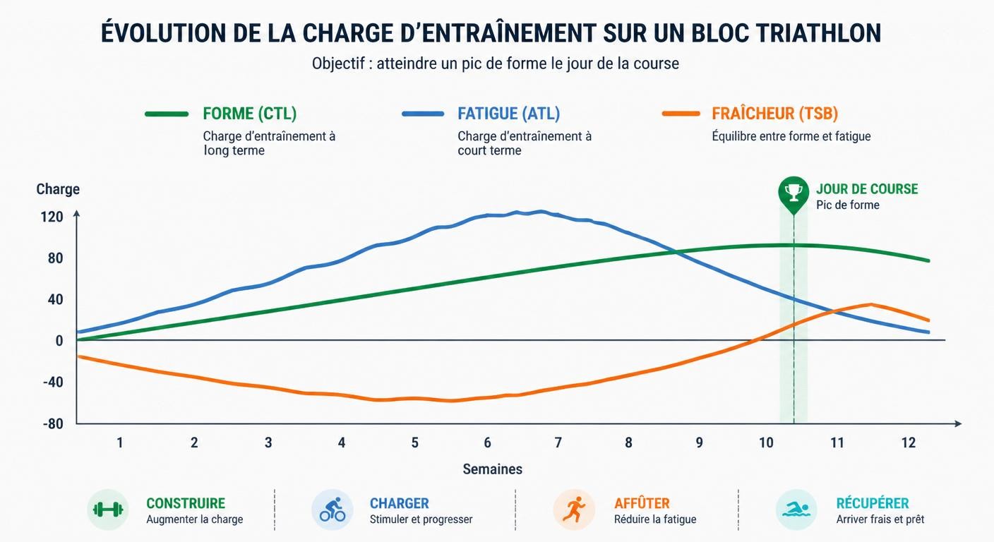 Infographie des courbes CTL, ATL et TSB sur un cycle d'entraînement triathlon