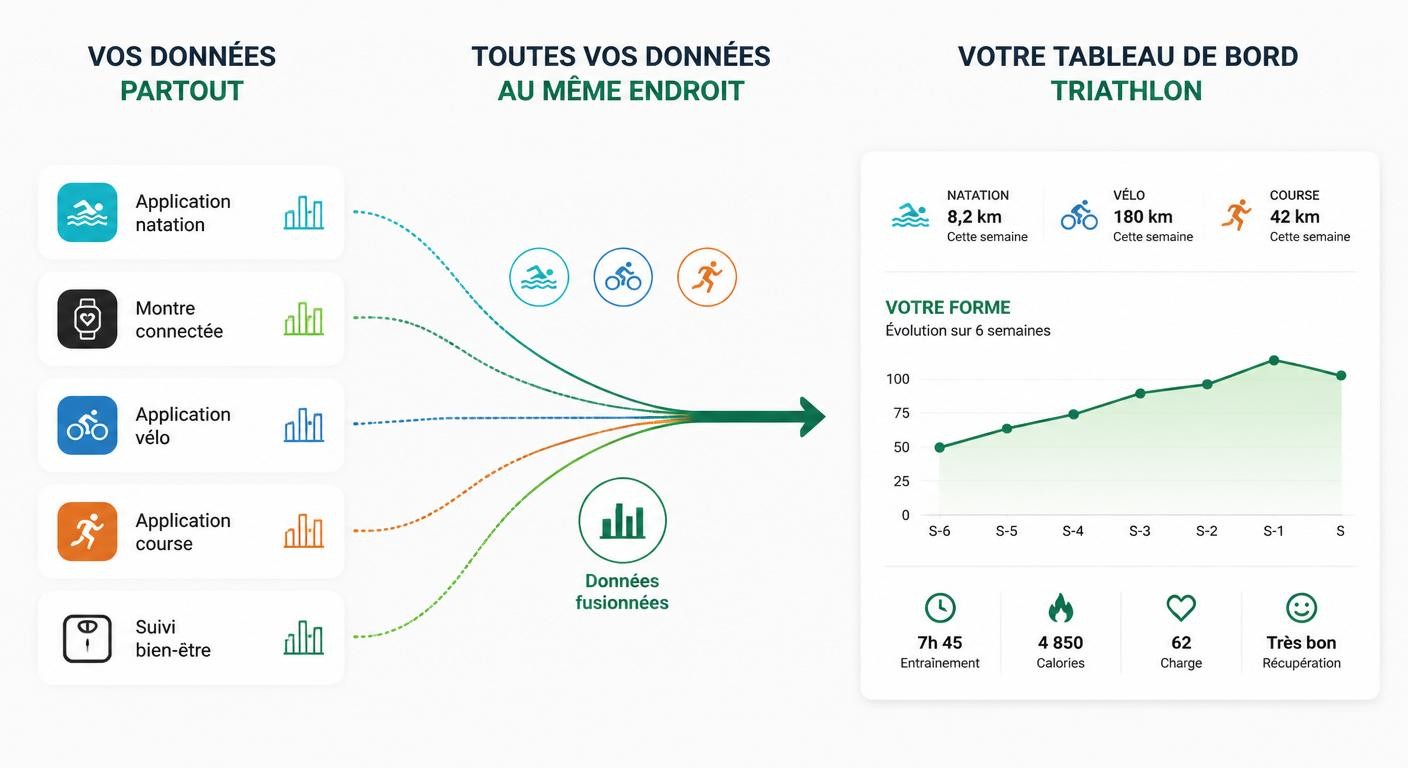 Infographie montrant l'unification des données Strava et Garmin dans un tableau de bord unique de charge triathlon