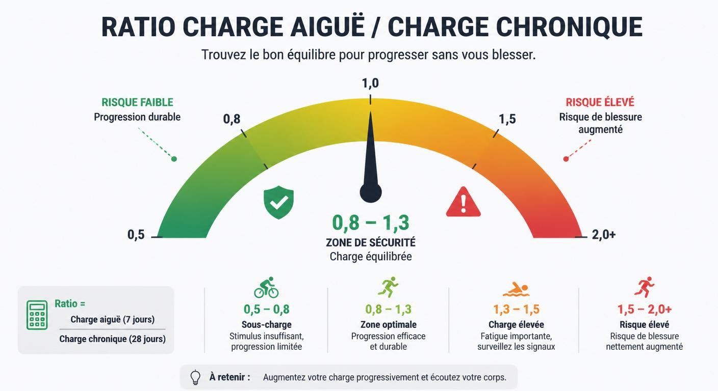 Infographie du ratio charge aiguë sur charge chronique et zone de risque de blessure en triathlon
