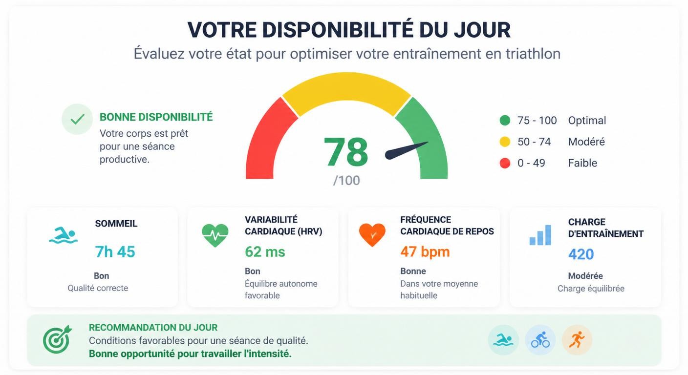 Infographie du score de disponibilité quotidien combinant HRV, charge et récupération en triathlon