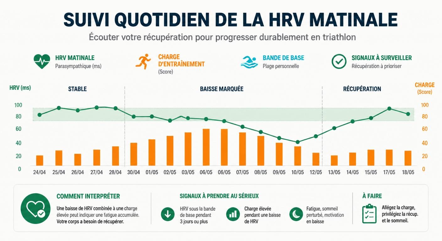 Infographie d'un journal de HRV matinale en triathlon montrant une baisse marquée combinée à une charge élevée