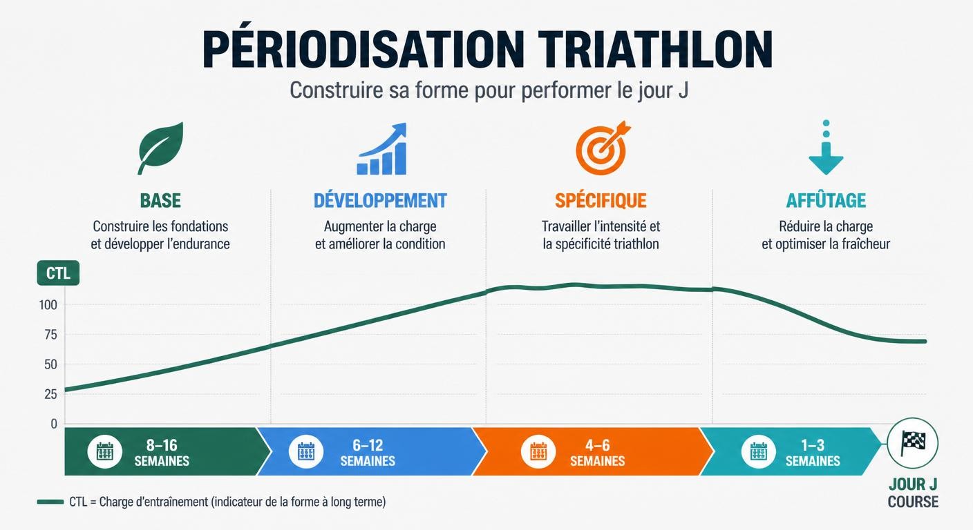 Infographie de la périodisation et de l'affûtage en triathlon avec montée du CTL et phase de taper