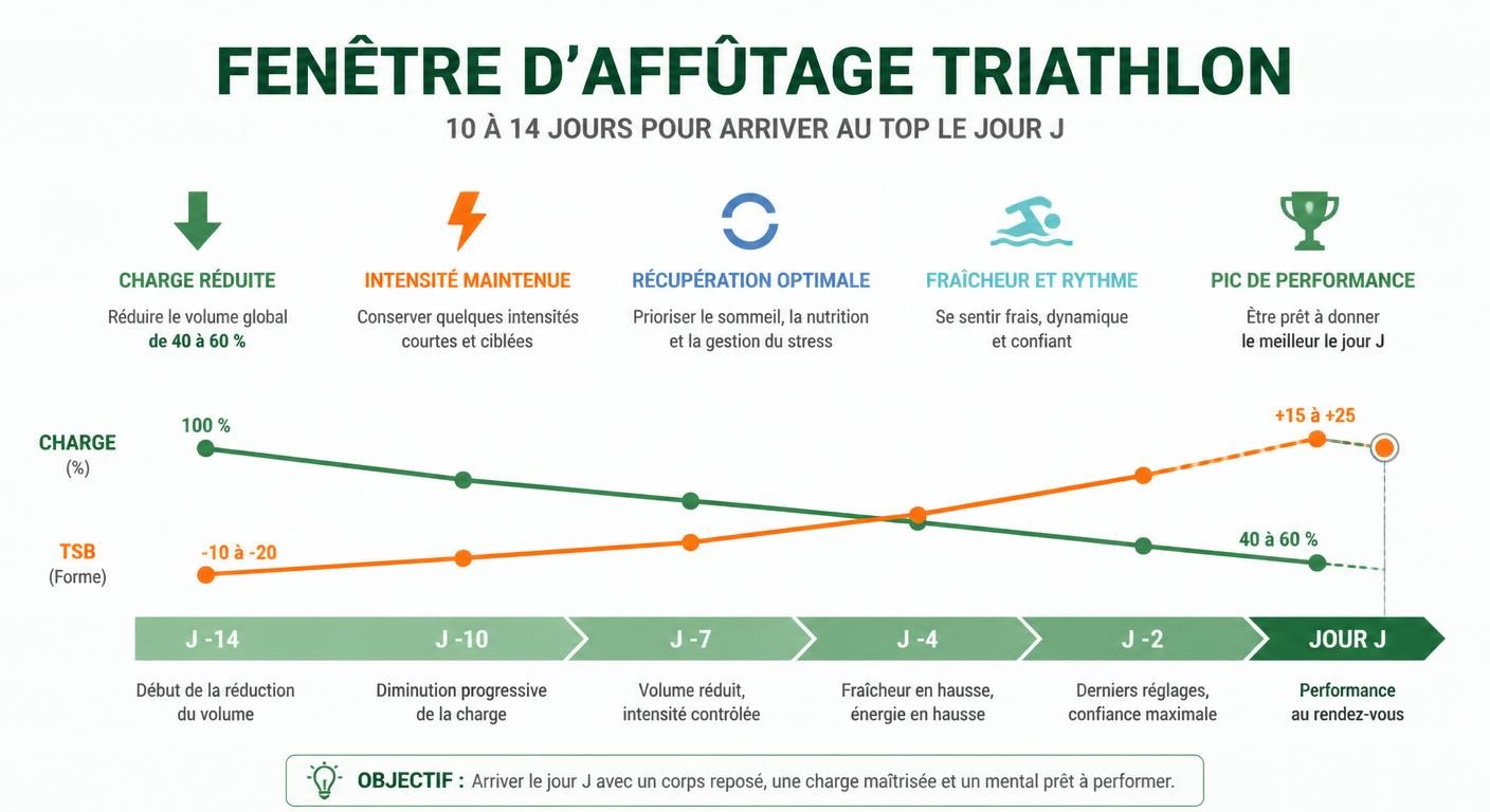 Infographie de la fenêtre d'affûtage triathlon avec baisse de charge et montée du TSB avant la course
