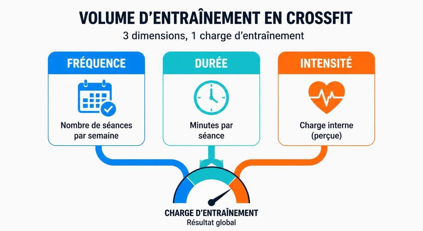 Infographie des trois dimensions du volume d'entraînement crossfit : fréquence, durée et intensité