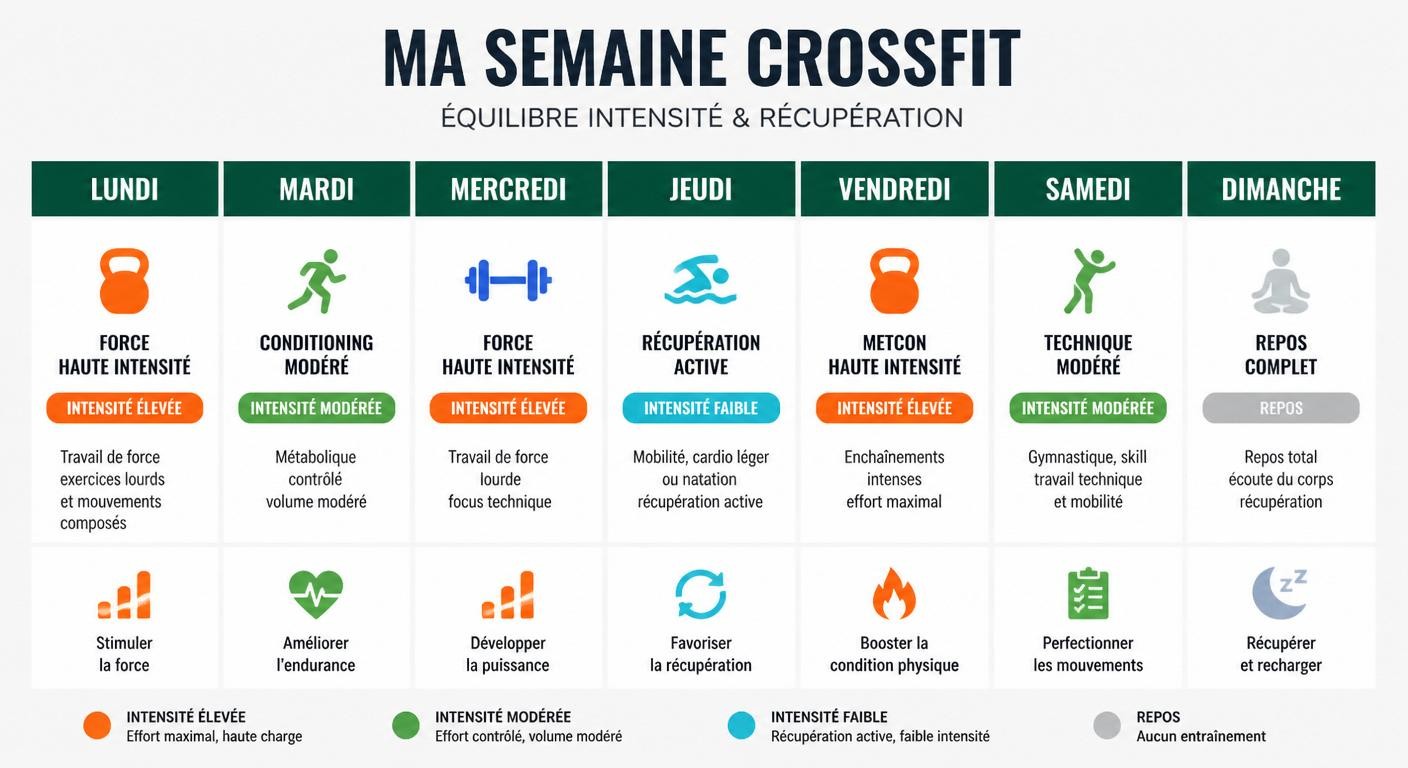 Infographie d'une semaine type de crossfit avec répartition équilibrée des séances et du repos