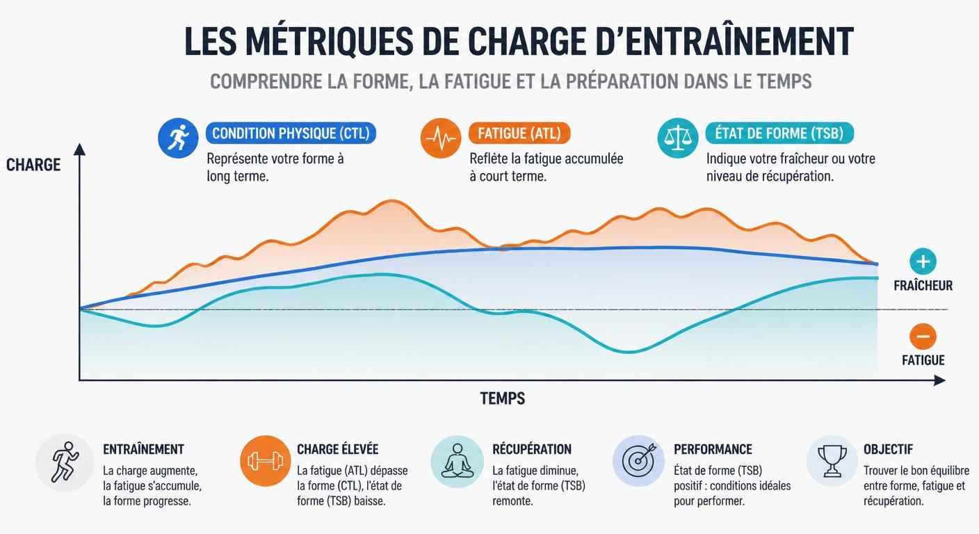 Infographie pédagogique des courbes CTL, ATL et TSB de la charge d'entraînement