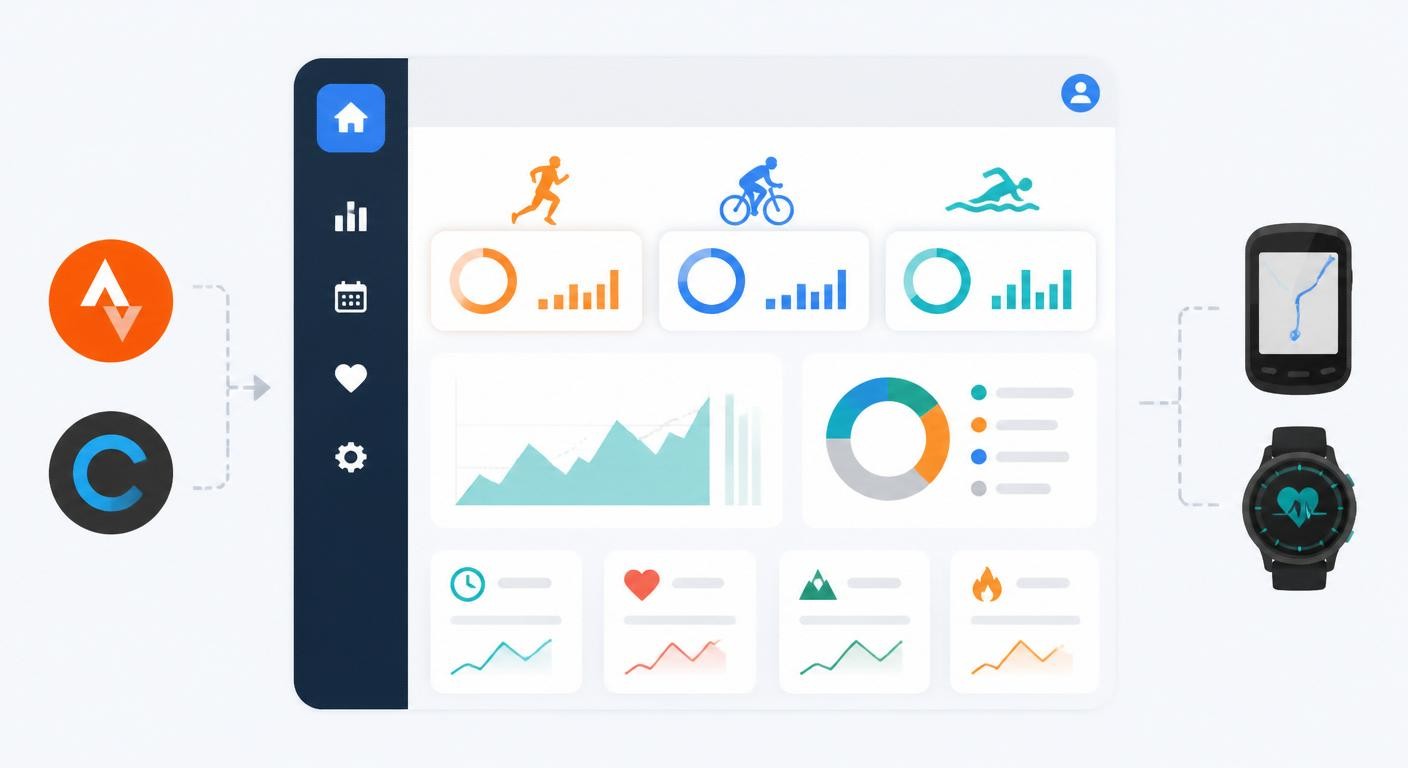 Infographie d'un tableau de bord unifié centralisant les données Strava et Garmin multisport