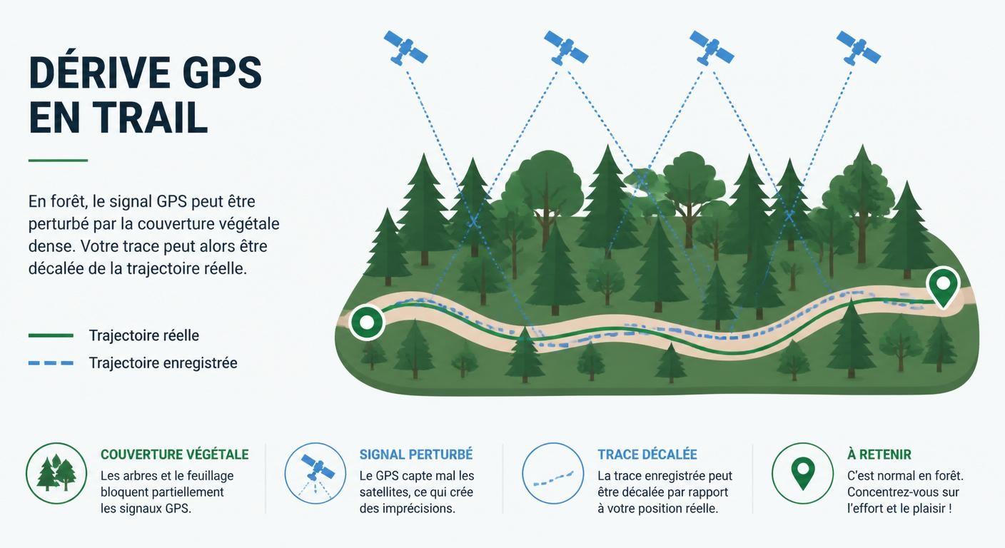 Infographie expliquant la dérive GPS en trail entre trajet réel et trace enregistrée