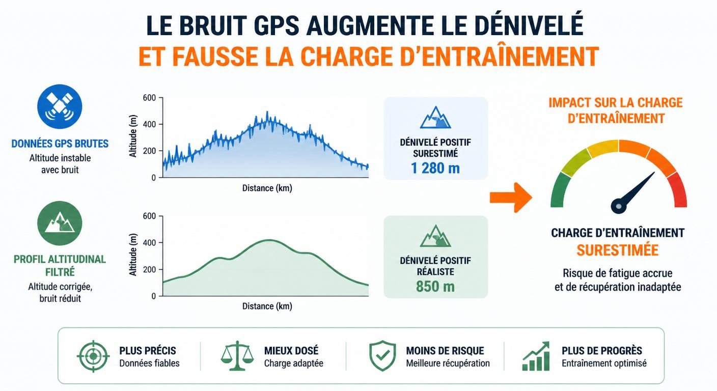 Infographie sur le dénivelé GPS erroné et son impact sur la charge d'entraînement en trail