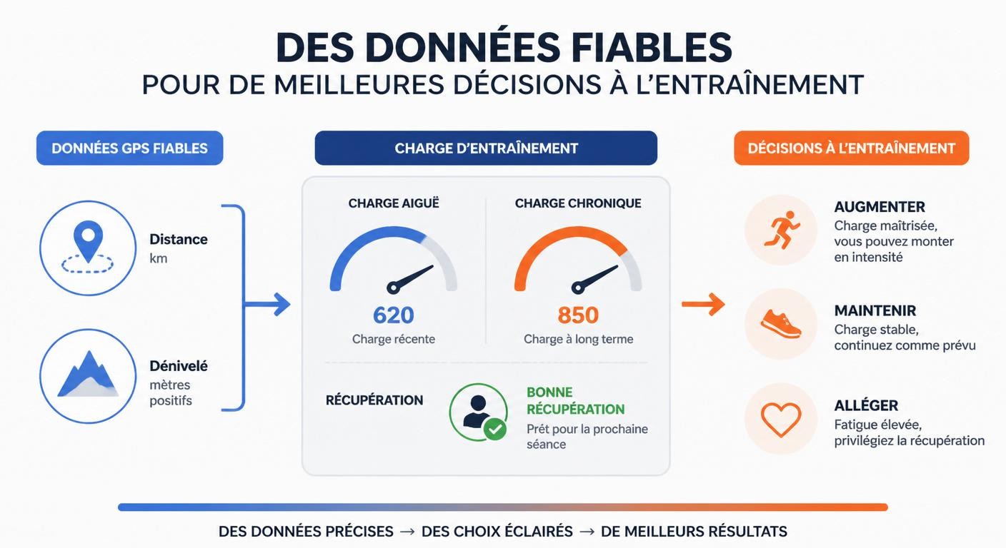 Infographie reliant la fiabilité des données GPS à la charge d'entraînement en trail