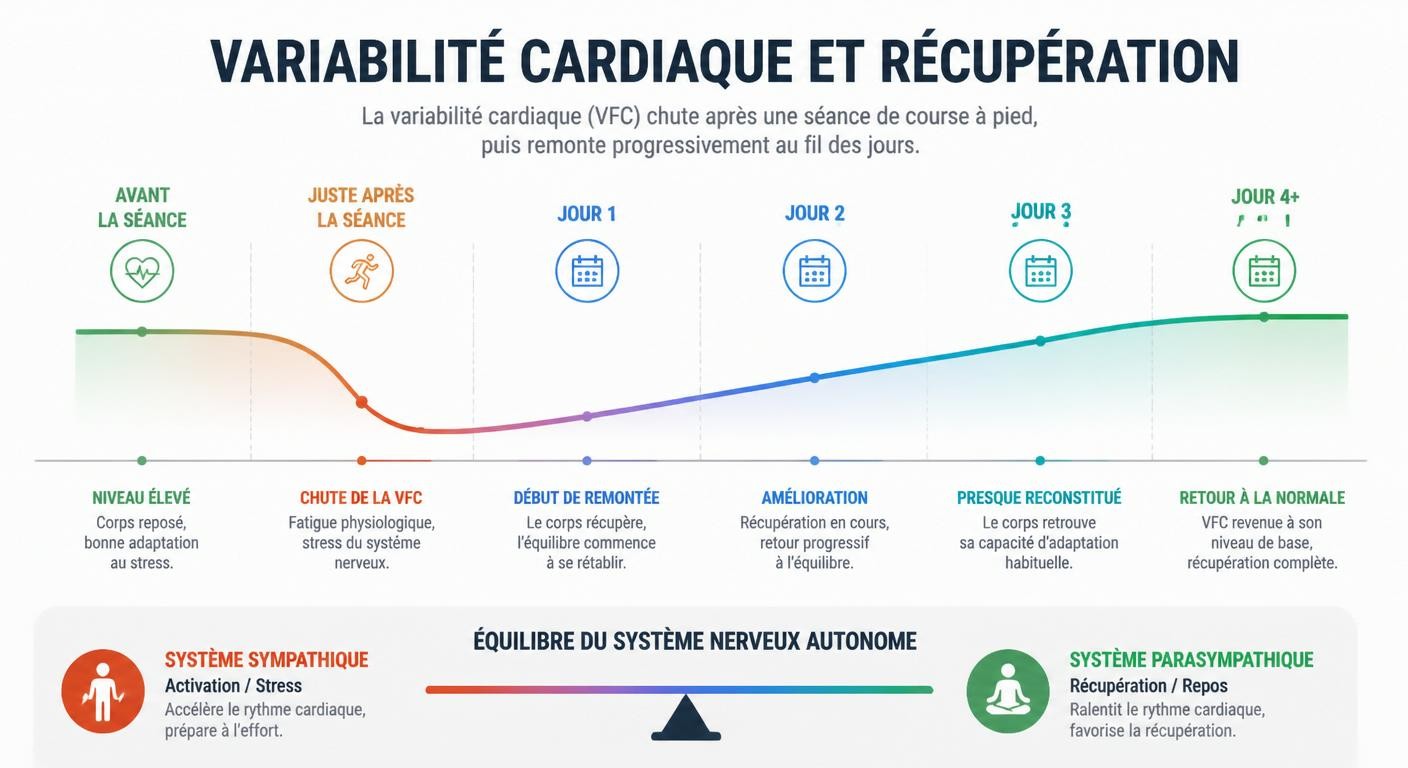 Infographie expliquant la baisse de la VFC après une course à pied puis sa remontée progressive