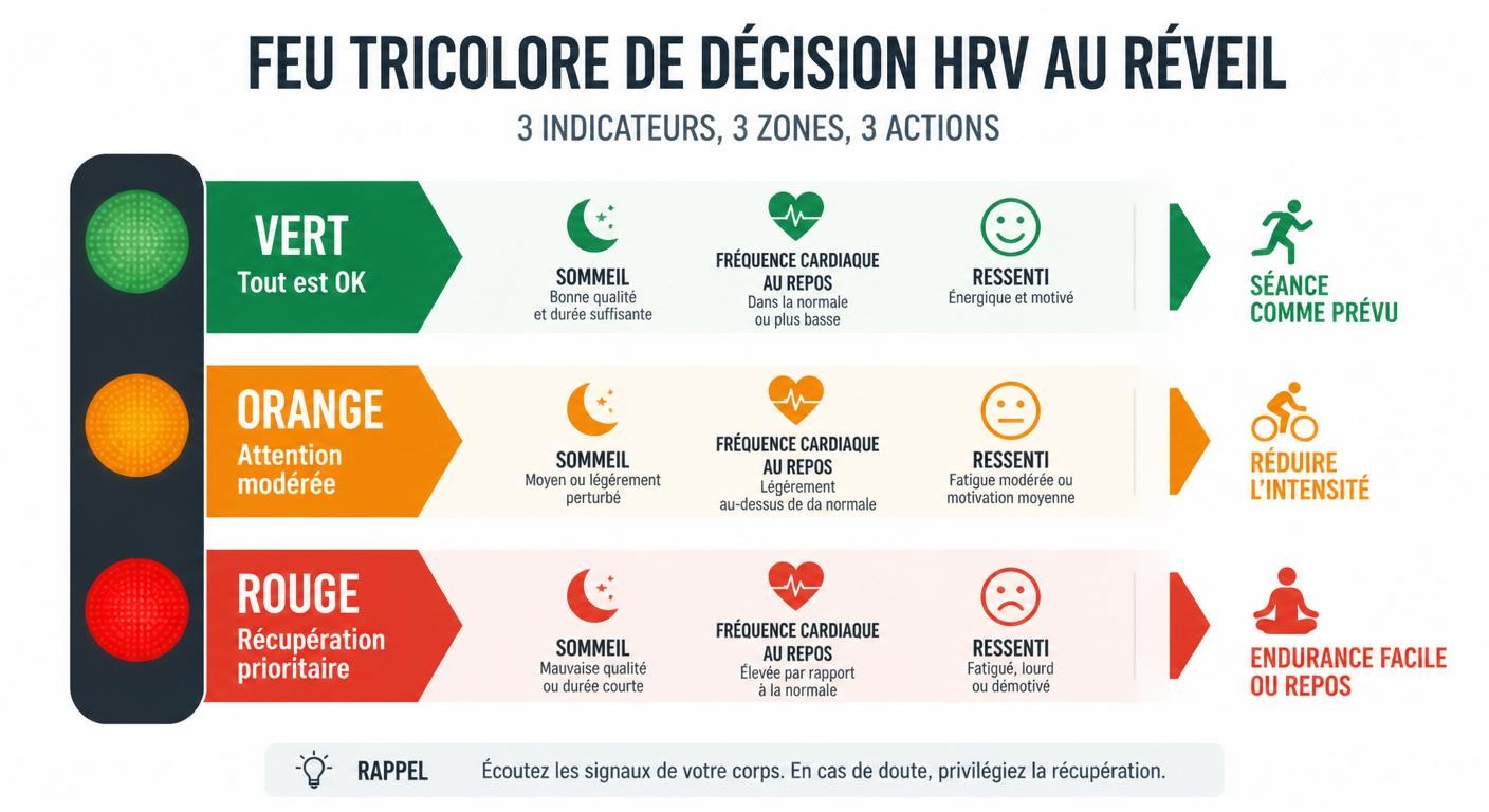 Infographie feu tricolore de décision selon une HRV basse au réveil
