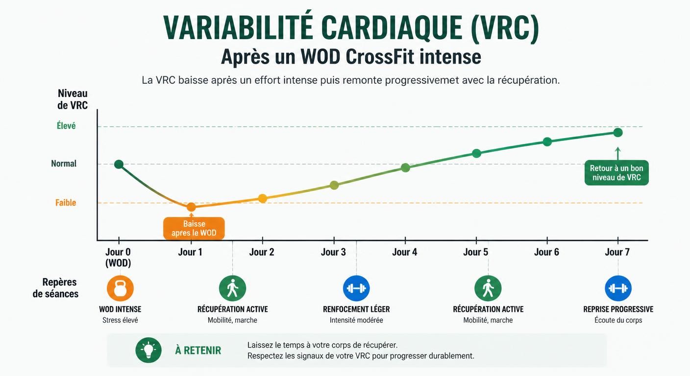 Infographie de la baisse puis remontée de la VFC après un WOD intense