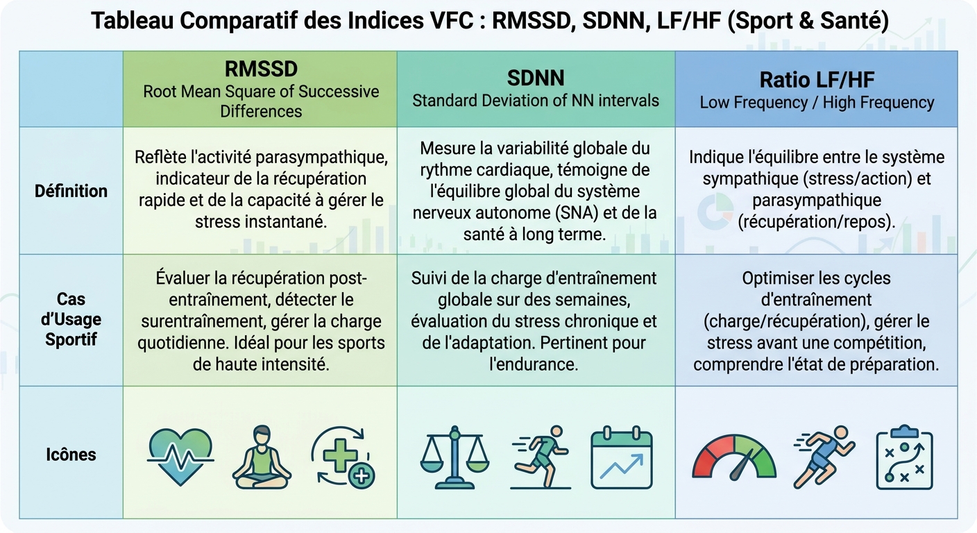 Comparatif des métriques HRV : RMSSD, SDNN et LF/HF
