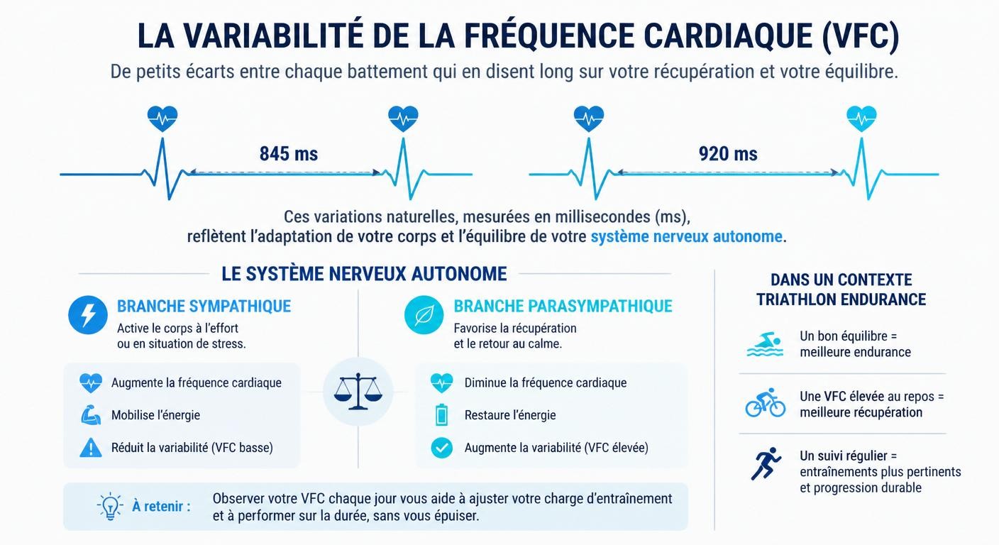 Infographie expliquant la variabilité de la fréquence cardiaque et le système nerveux autonome en triathlon