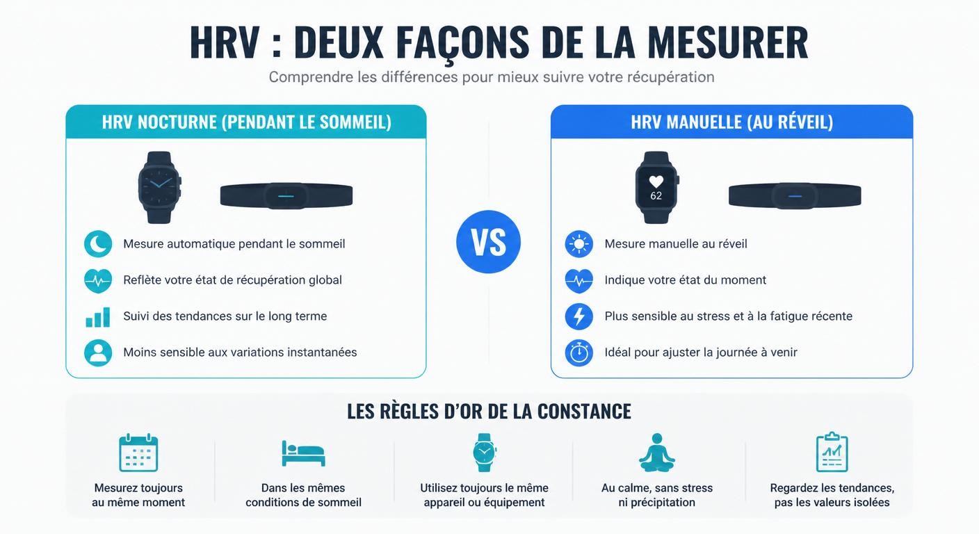 Infographie comparant la mesure de HRV nocturne et la mesure manuelle au réveil