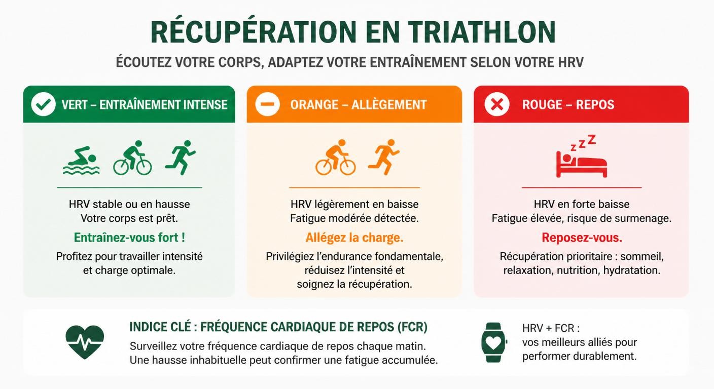 Infographie feu tricolore de décision récupération triathlon selon la HRV