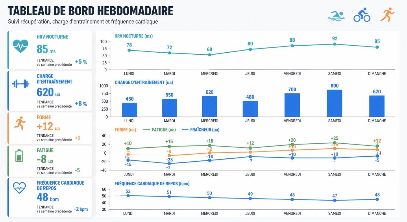 Infographie croisant la tendance HRV avec la charge d'entraînement CTL ATL TSB et la fréquence cardiaque de repos