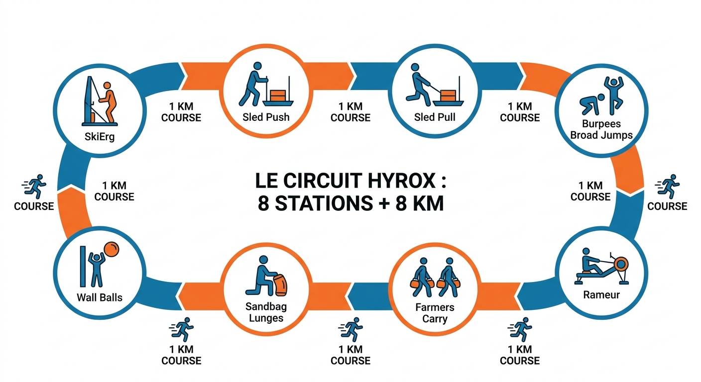 Schéma du format d'une course hyrox avec les 8 stations et les 8 kilomètres de course