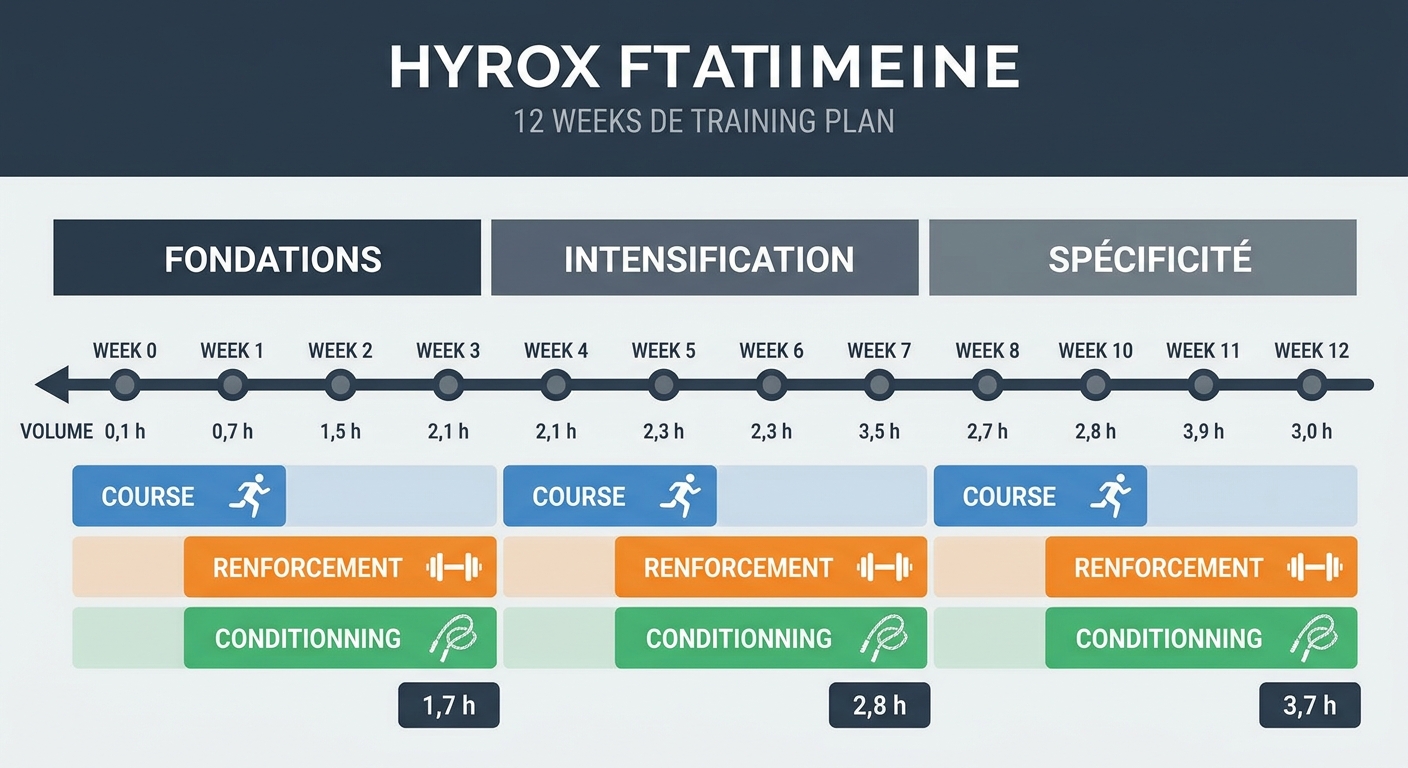 Plan d'entraînement hyrox débutant sur 12 semaines en trois blocs