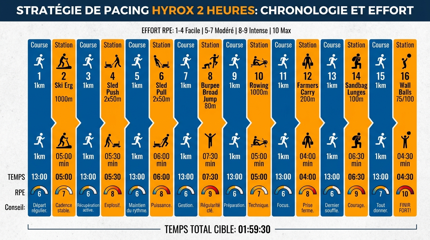 Pacing hyrox pour un objectif de finition en 2 heures avec splits détaillés