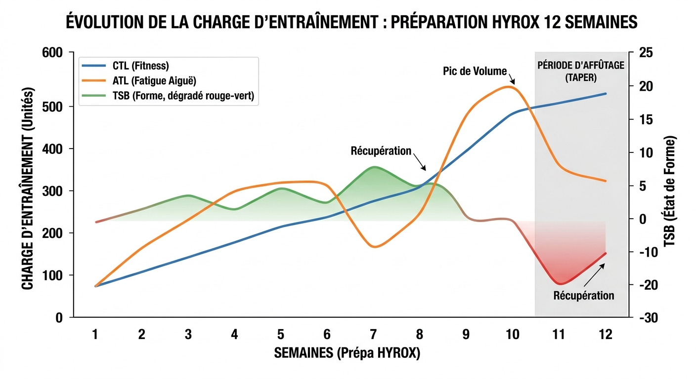 Évolution théorique de la charge d'entraînement sur 12 semaines de préparation hyrox