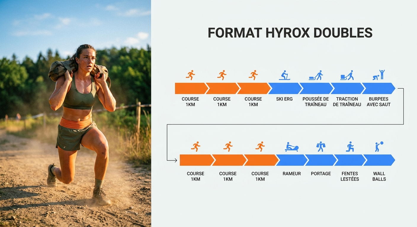 Schéma du déroulé d'une épreuve Hyrox Doubles avec les 8 stations